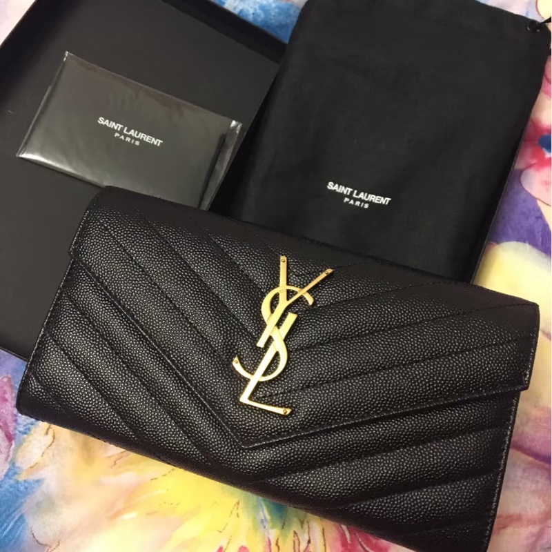 發財包🤑99新🆕Ysl聖羅蘭黑金荔枝牛皮v紋長夾錢包手拿包-0