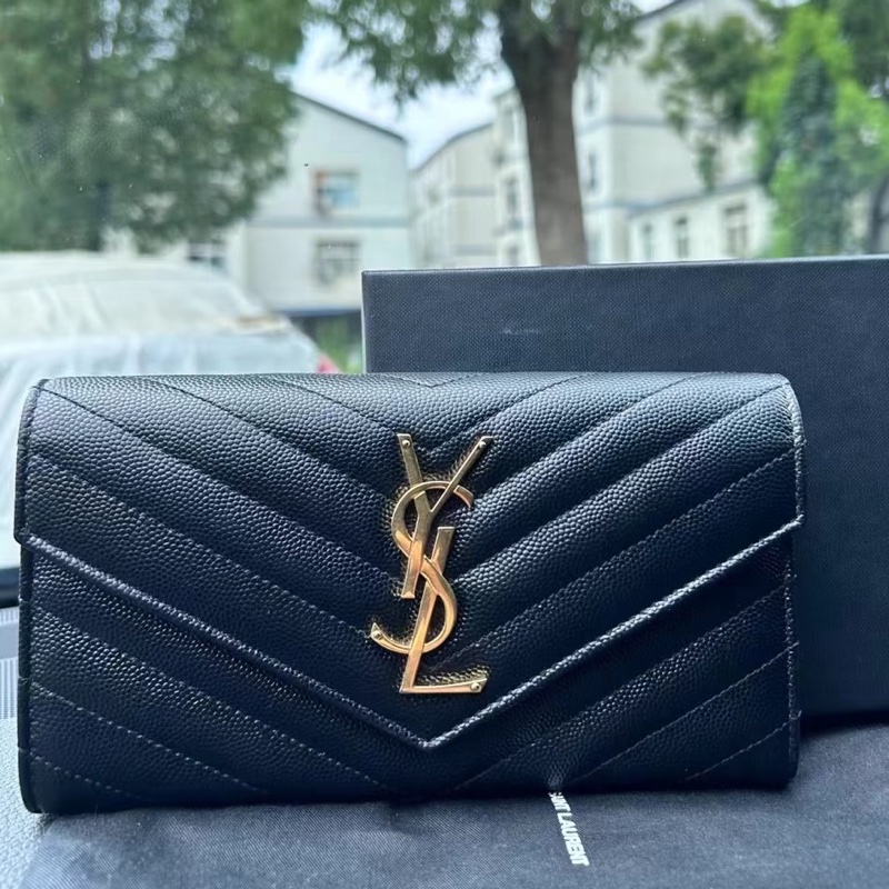 發財包🤑99新🆕Ysl聖羅蘭黑金荔枝牛皮v紋長夾錢包手拿包-1