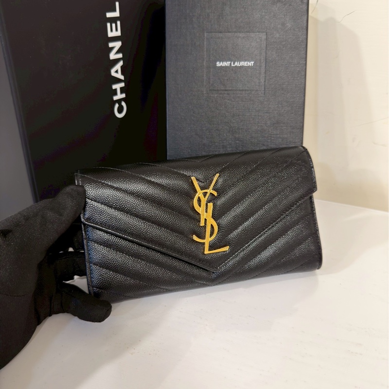 發財包🤑99新🆕Ysl聖羅蘭黑金荔枝牛皮v紋長夾錢包手拿包-3