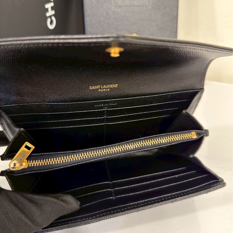 發財包🤑99新🆕Ysl聖羅蘭黑金荔枝牛皮v紋長夾錢包手拿包-9