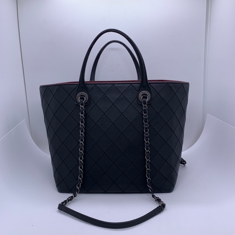 二手Chanel香奈兒黑銀牛皮購物袋，射22開-1