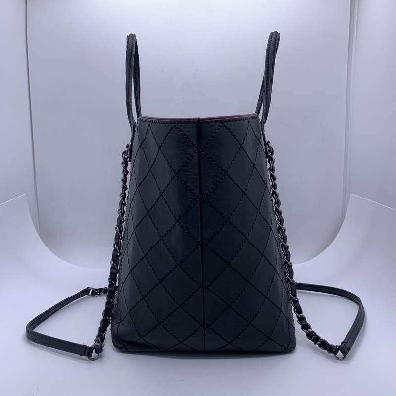 二手Chanel香奈兒黑銀牛皮購物袋，射22開-3