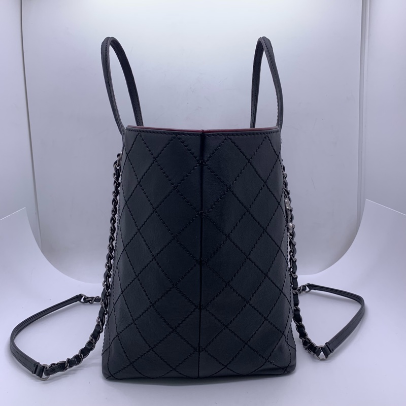 二手Chanel香奈兒黑銀牛皮購物袋，射22開-4