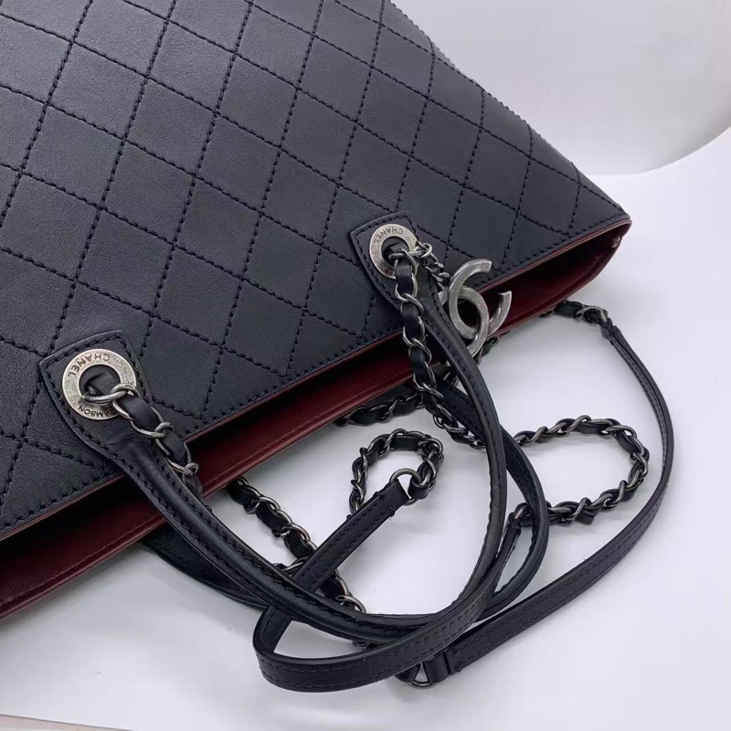 二手Chanel香奈兒黑銀牛皮購物袋，射22開-15
