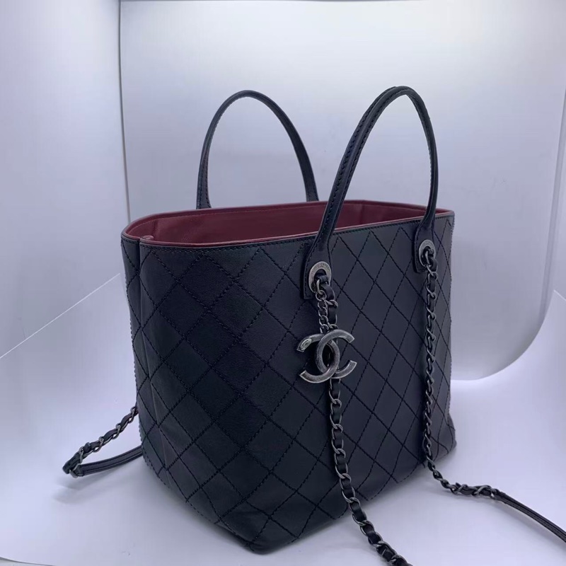 二手Chanel香奈兒黑銀牛皮購物袋，射22開-18