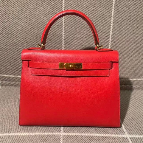 二手Hermes愛馬仕Kelly28紅色epsom皮金扣框O刻