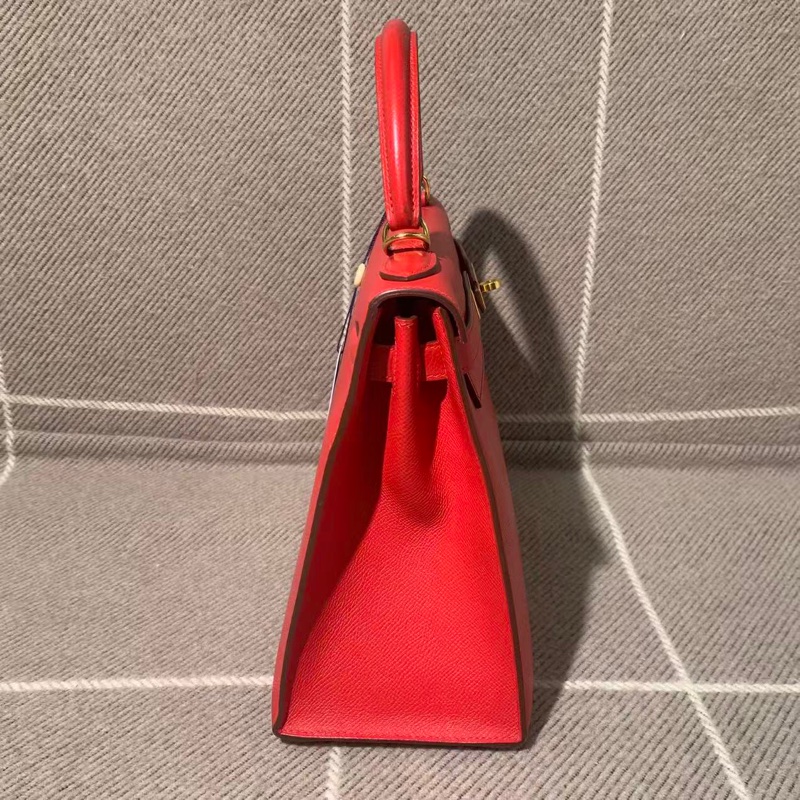 二手Hermes愛馬仕Kelly28紅色epsom皮金扣框O刻-4