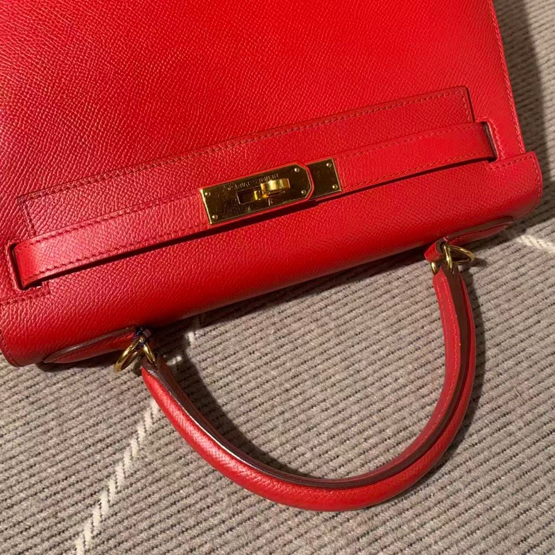 二手Hermes愛馬仕Kelly28紅色epsom皮金扣框O刻-8