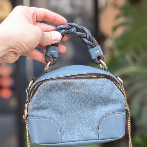 CHLOE mini DARA 編織提把小牛皮兩用包-藍