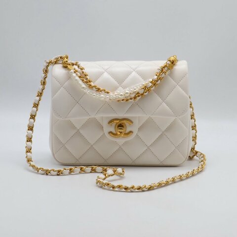 CHANEL 24P珍珠鍊手提方胖子 - 白金