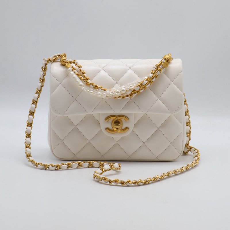 CHANEL 24P珍珠鍊手提方胖子 - 白金-0