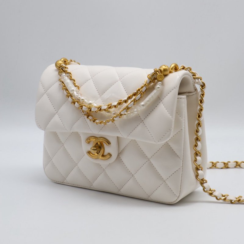 CHANEL 24P珍珠鍊手提方胖子 - 白金-2