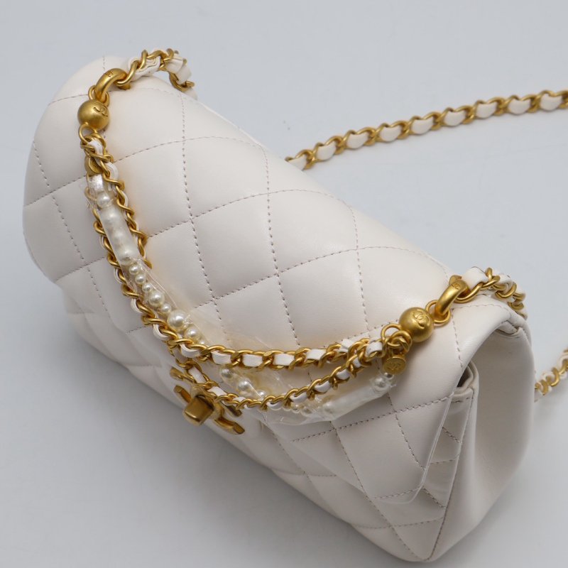 CHANEL 24P珍珠鍊手提方胖子 - 白金-4
