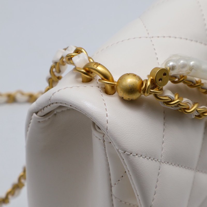 CHANEL 24P珍珠鍊手提方胖子 - 白金-5