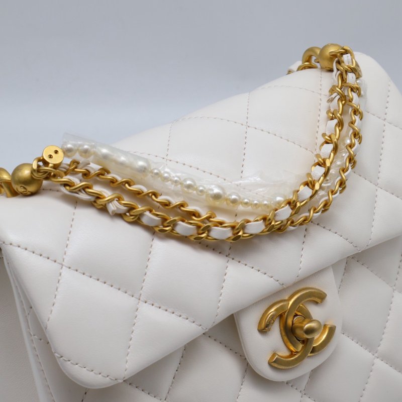 CHANEL 24P珍珠鍊手提方胖子 - 白金-14