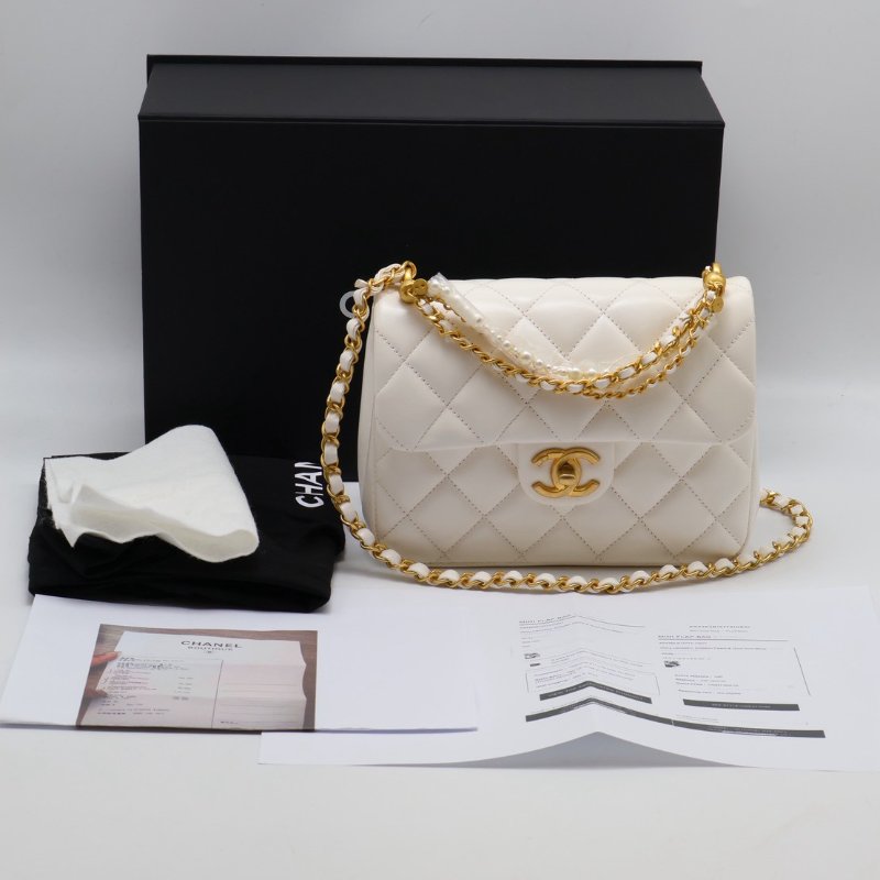 CHANEL 24P珍珠鍊手提方胖子 - 白金-18