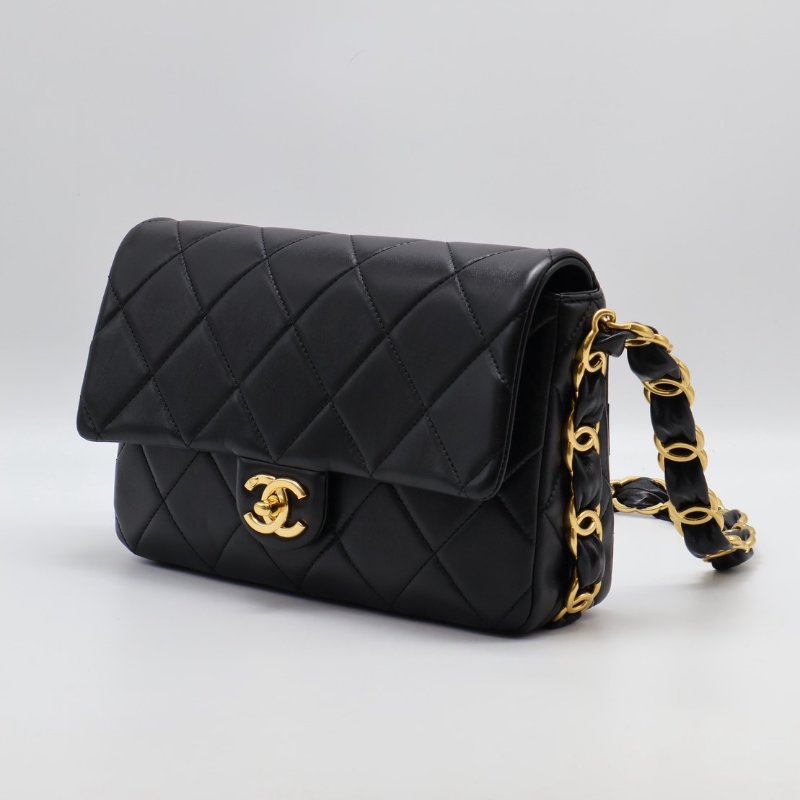CHANEL 24K粗鍊羊皮單肩包 - 黑金-2