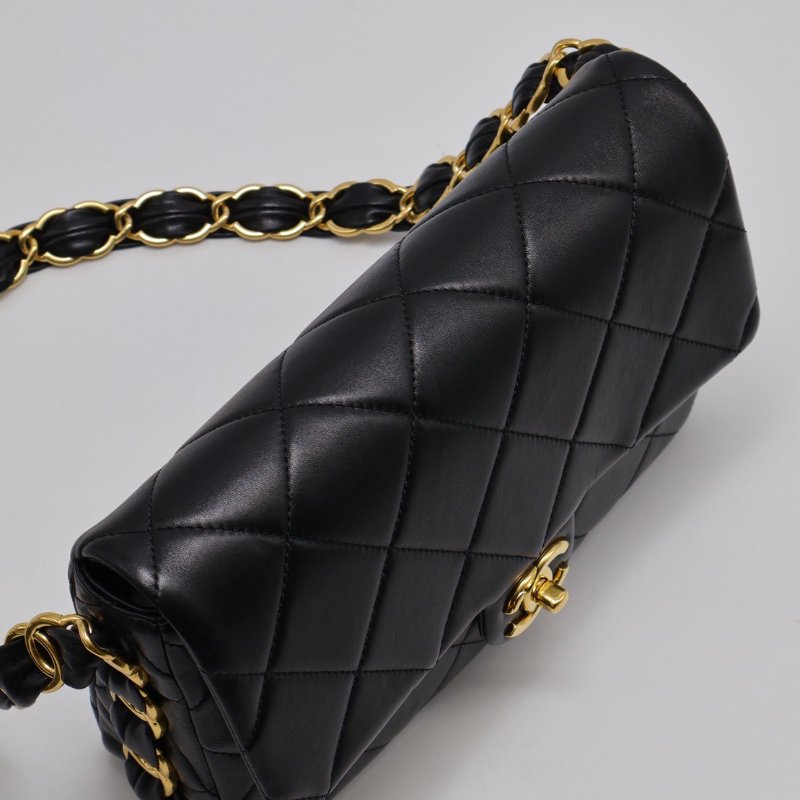 CHANEL 24K粗鍊羊皮單肩包 - 黑金-4