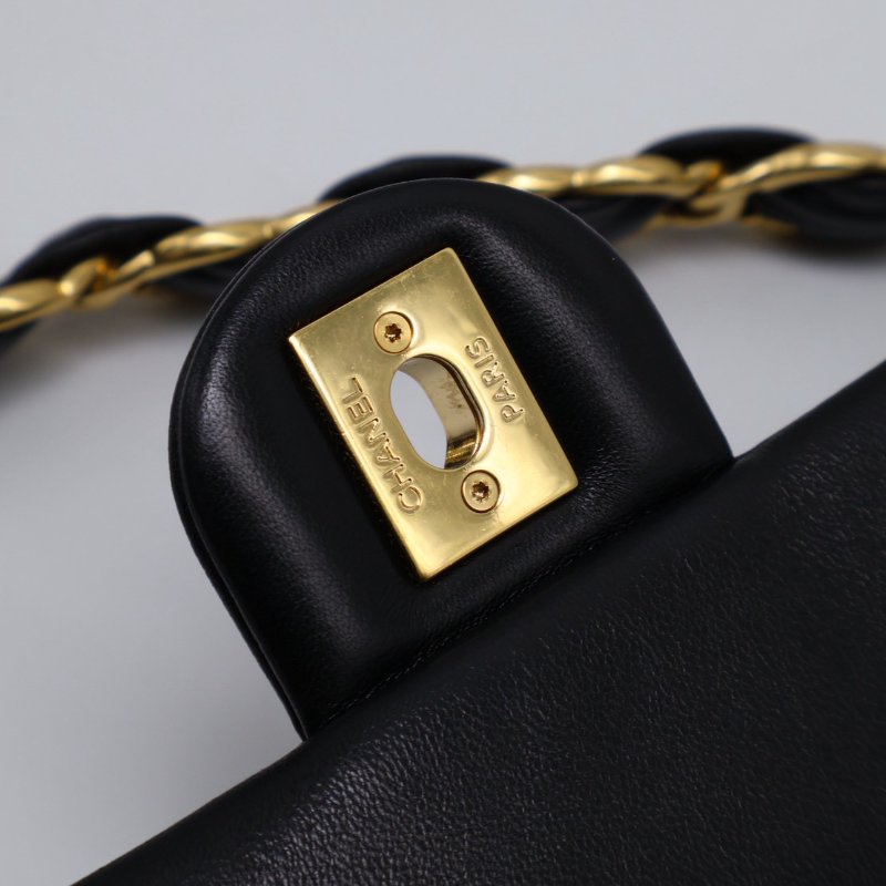 CHANEL 24K粗鍊羊皮單肩包 - 黑金-10