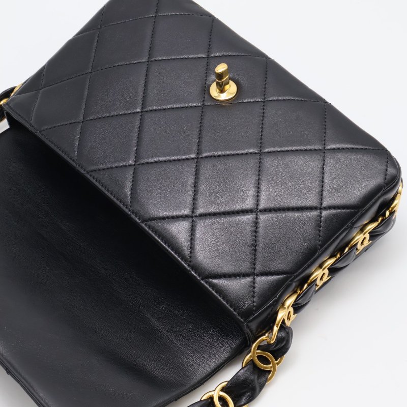 CHANEL 24K粗鍊羊皮單肩包 - 黑金-12