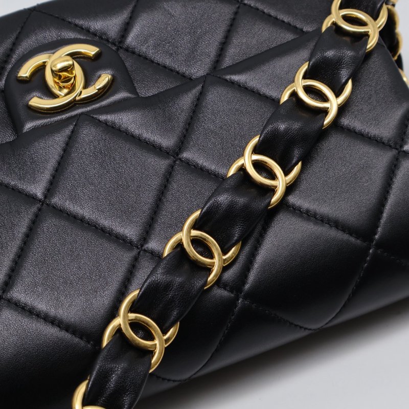 CHANEL 24K粗鍊羊皮單肩包 - 黑金-14