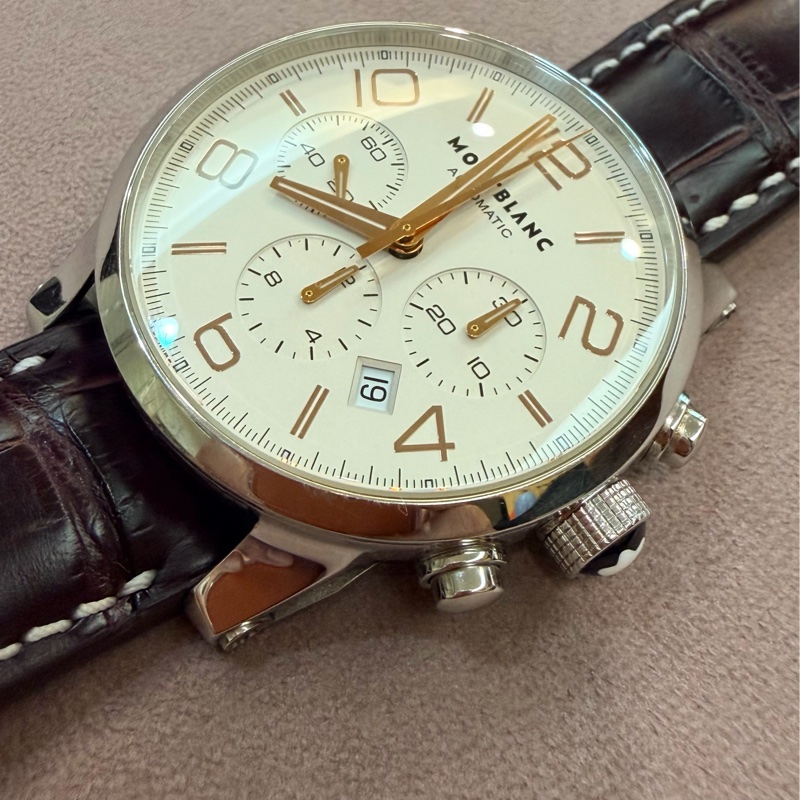 出價就賣｜真品 MONTBLANC 萬寶龍 7069 時間行者 淡香檳金色錶盤 罕見玫瑰金指針時標 計時自動上鍊 男士手錶-0