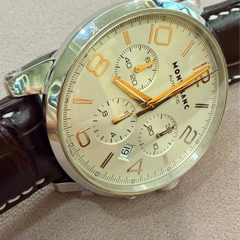 出價就賣｜真品 MONTBLANC 萬寶龍 7069 時間行者 淡香檳金色錶盤 罕見玫瑰金指針時標 計時自動上鍊 男士手錶-9