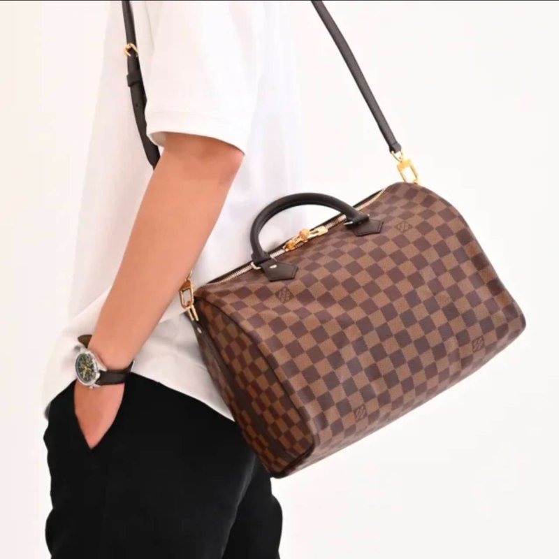 LV   N40590 格紋 🌈現貨實拍 🌈Speedy30cm 波士頓包 手提 肩背 斜背包~二手品(附LV原廠三段式背帶)-3