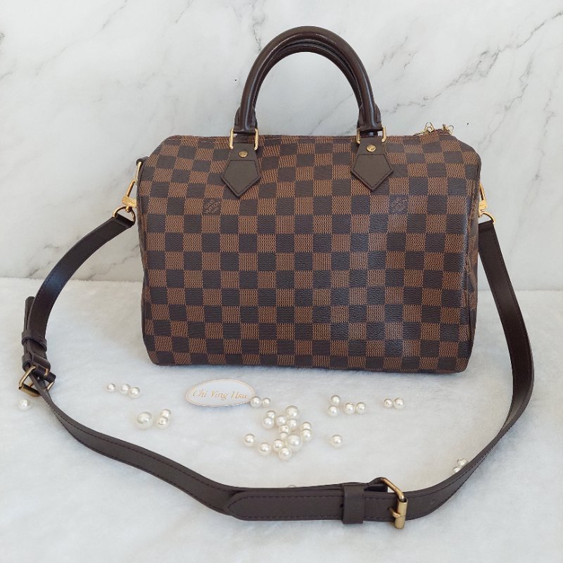 LV   N40590 格紋 🌈現貨實拍 🌈Speedy30cm 波士頓包 手提 肩背 斜背包~二手品(附LV原廠三段式背帶)-19