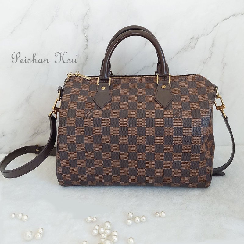 LV   N40590 格紋 🌈現貨實拍 🌈Speedy30cm 波士頓包 手提 肩背 斜背包~二手品(附LV原廠三段式背帶)-10