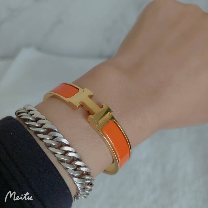 Hermes 🌈實拍 🌈愛馬仕 Clic H Logo細版玫瑰金橘色琺瑯手環-1
