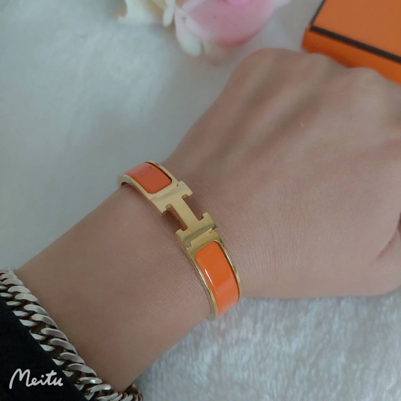 Hermes 🌈實拍 🌈愛馬仕 Clic H Logo細版玫瑰金橘色琺瑯手環-2