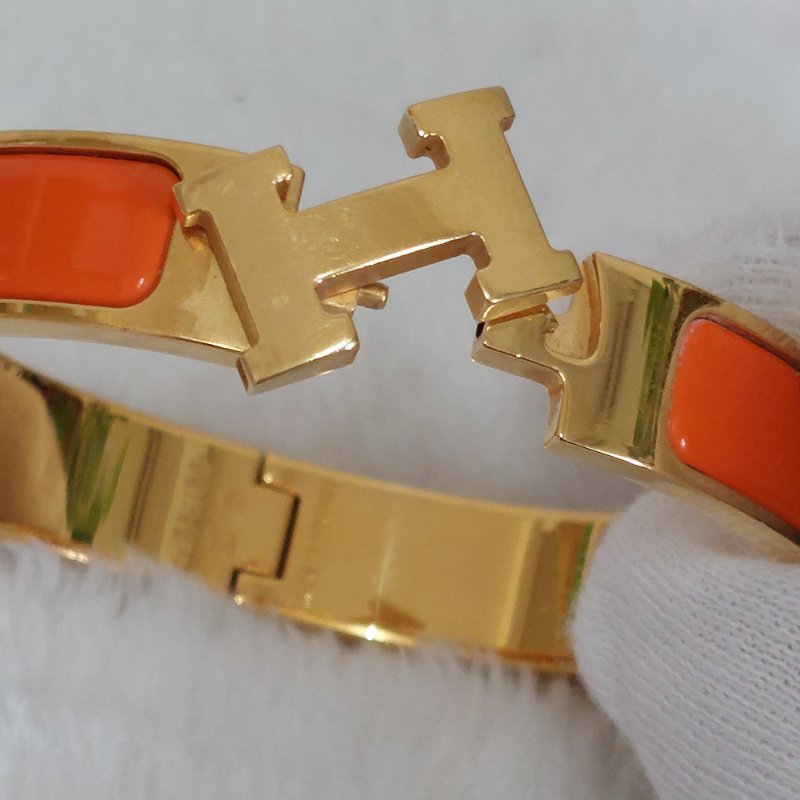 Hermes 🌈實拍 🌈愛馬仕 Clic H Logo細版玫瑰金橘色琺瑯手環-7