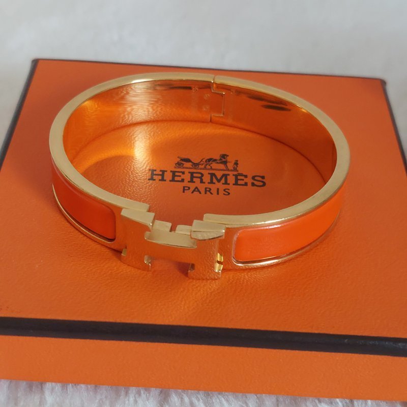 Hermes 🌈實拍 🌈愛馬仕 Clic H Logo細版玫瑰金橘色琺瑯手環-16