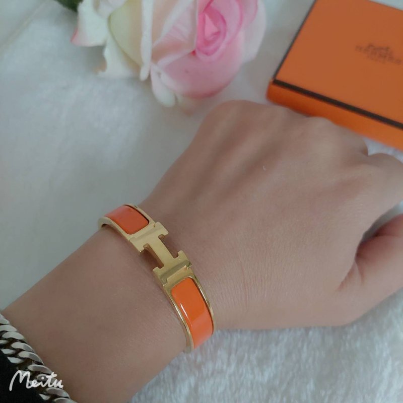 Hermes 🌈實拍 🌈愛馬仕 Clic H Logo細版玫瑰金橘色琺瑯手環-17