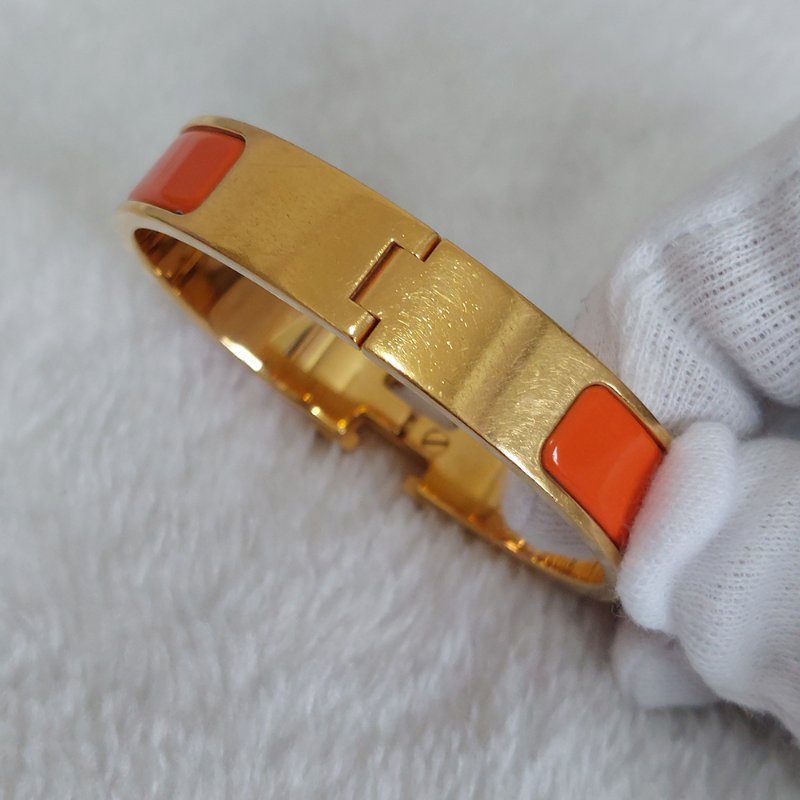Hermes 🌈實拍 🌈愛馬仕 Clic H Logo細版玫瑰金橘色琺瑯手環-22
