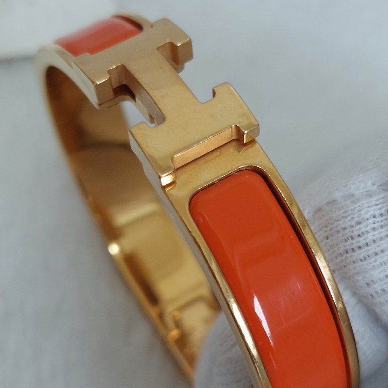 Hermes 🌈實拍 🌈愛馬仕 Clic H Logo細版玫瑰金橘色琺瑯手環-40
