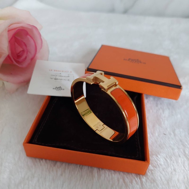Hermes 🌈實拍 🌈愛馬仕 Clic H Logo細版玫瑰金橘色琺瑯手環-44