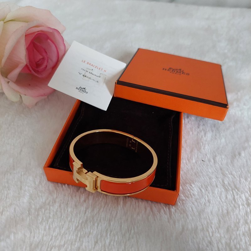 Hermes 🌈實拍 🌈愛馬仕 Clic H Logo細版玫瑰金橘色琺瑯手環-45