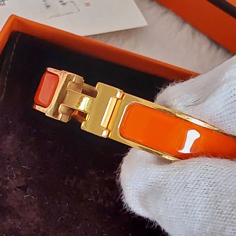 Hermes 🌈實拍 🌈愛馬仕 Clic H Logo細版玫瑰金橘色琺瑯手環-51