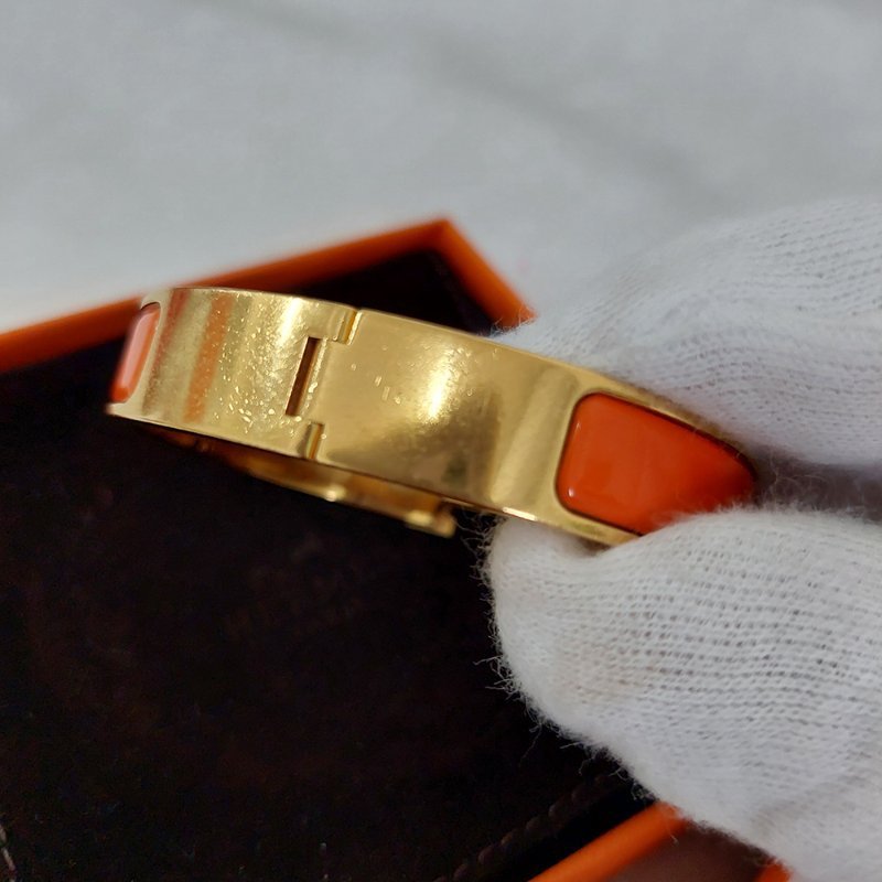 Hermes 🌈實拍 🌈愛馬仕 Clic H Logo細版玫瑰金橘色琺瑯手環-55