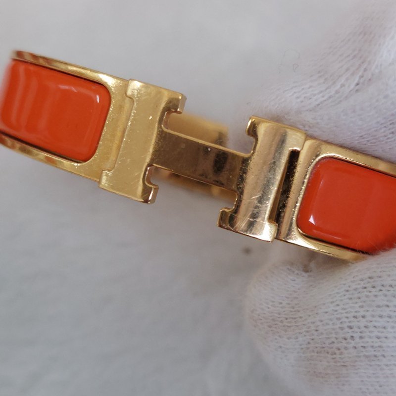 Hermes 🌈實拍 🌈愛馬仕 Clic H Logo細版玫瑰金橘色琺瑯手環-57