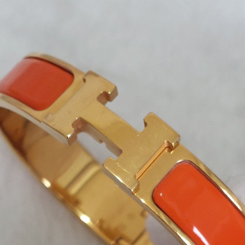 Hermes 🌈實拍 🌈愛馬仕 Clic H Logo細版玫瑰金橘色琺瑯手環-59