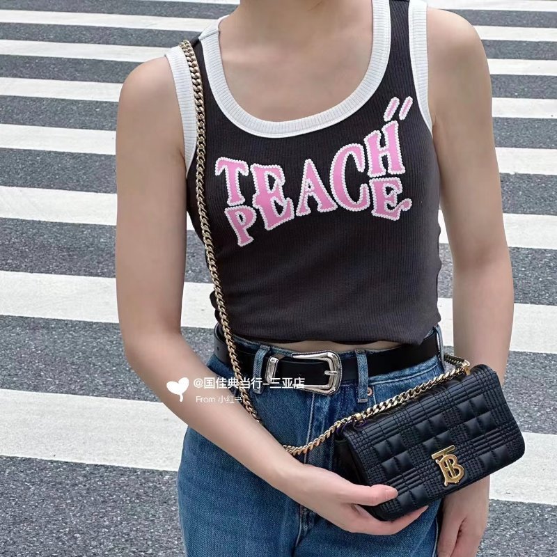 Burberry - 黑色羊皮金釦絎縫格紋斜背包╻Lola  Mini-1