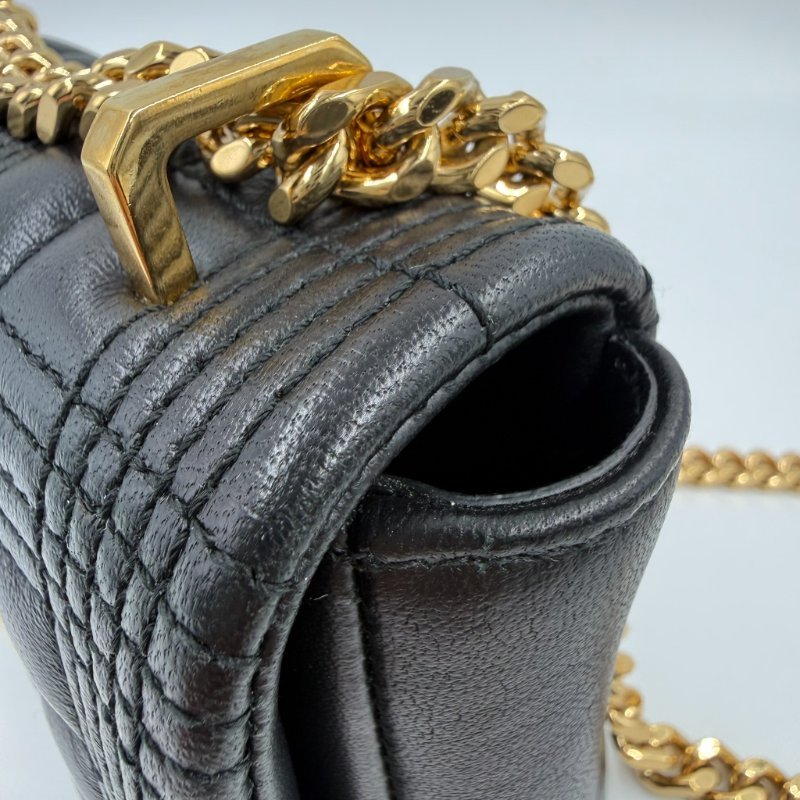 Burberry - 黑色羊皮金釦絎縫格紋斜背包╻Lola  Mini-13