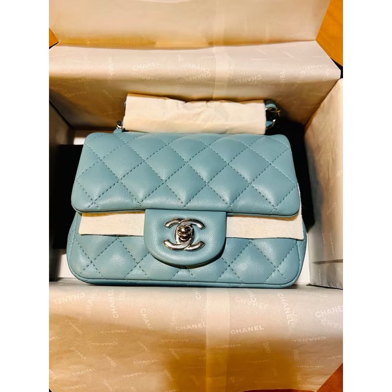 全新品Chanel mini 方胖 tiffany淺藍銀釦 復興sogo購證  全新全配 膠膜都在 晶片款-0