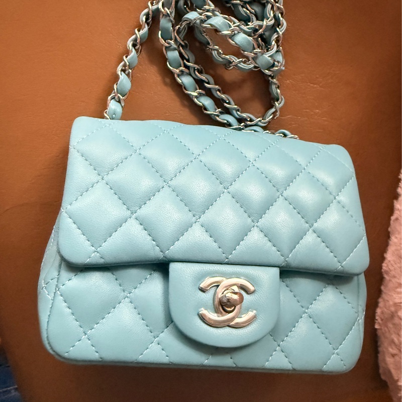 正品Chanel mini 方胖 tiffany淺藍銀釦 復興sogo購證  全新全配 膠膜都在 晶片款-1