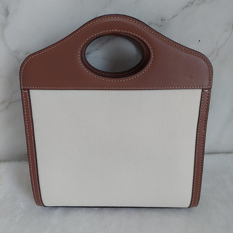 BURBERRY 巴寶莉  🌈實拍 🌈字母帆布拼皮革手提/斜背兩用包(米白x木棕色)Mini~近新閒置品-5