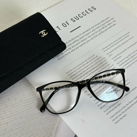 CHANEL 雙C皮穿鍊平光眼鏡