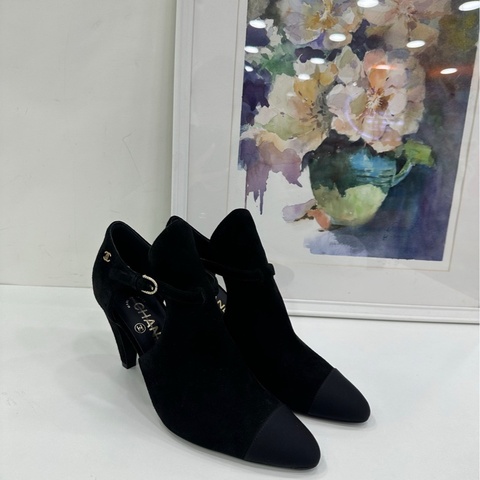 Chanel 香奈兒黑色麂皮拼皮 瑪麗珍 高跟鞋 37 碼 閒置